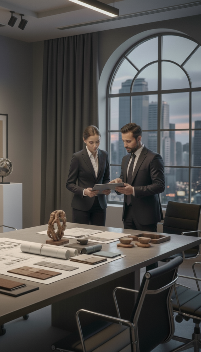 Due professionisti di Only One Group analizzano documenti di procurement scouting in un ufficio moderno con vista sulla città.