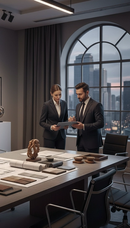 Due professionisti di Only One Group analizzano documenti di procurement scouting in un ufficio moderno con vista sulla città.