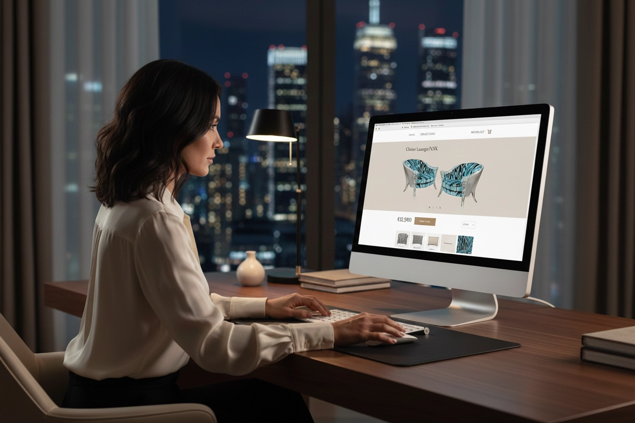 A woman seated at her desk in an elegant, modern environment, viewing the OnlyONE Online Atelier design furniture shop on her monitor, with an evening city view visible through large windows.