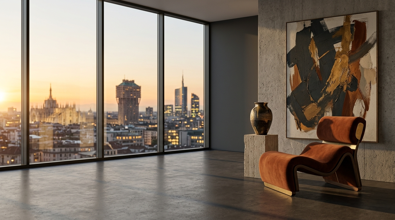 Donna seduta alla scrivania in un ambiente elegante e moderno mentre osserva sul monitor la pagina dell’Atelier Online di OnlyOne, shop di arredamento di design, con vista serale sulla città attraverso ampie finestre.